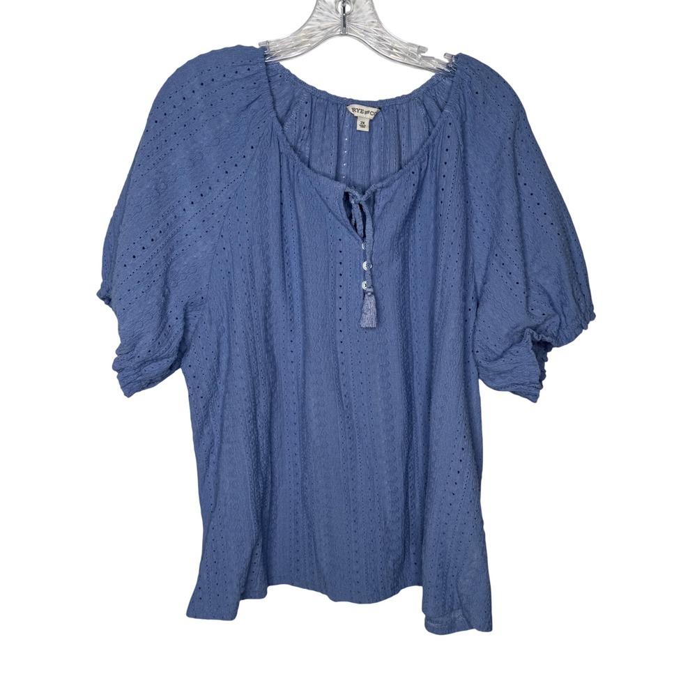 Frye and Co Blue Eyelet Puff Sleeve Boho Blouse Tassel Tie Split Neck 2X